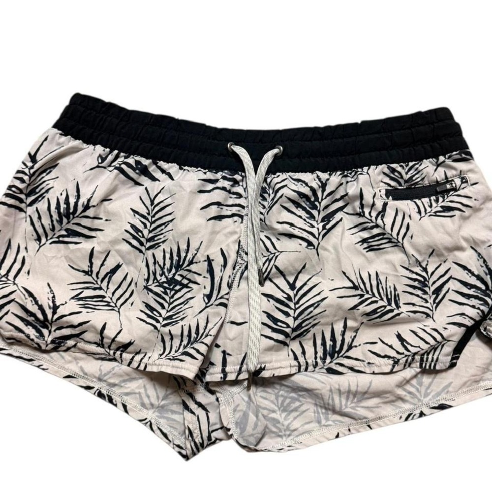 Tropical Palm Leaf Print Athletic Shorts Cream Black Drawstring Zip Pocket